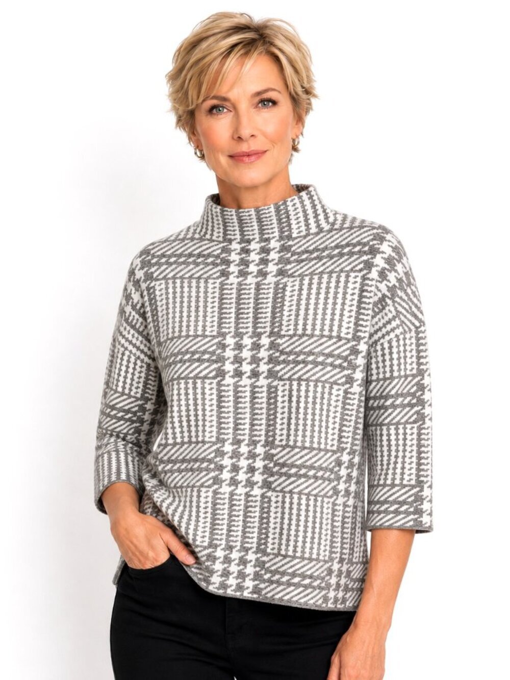 Max Studio Grey White Houndstooth Mock Neck Sweater
